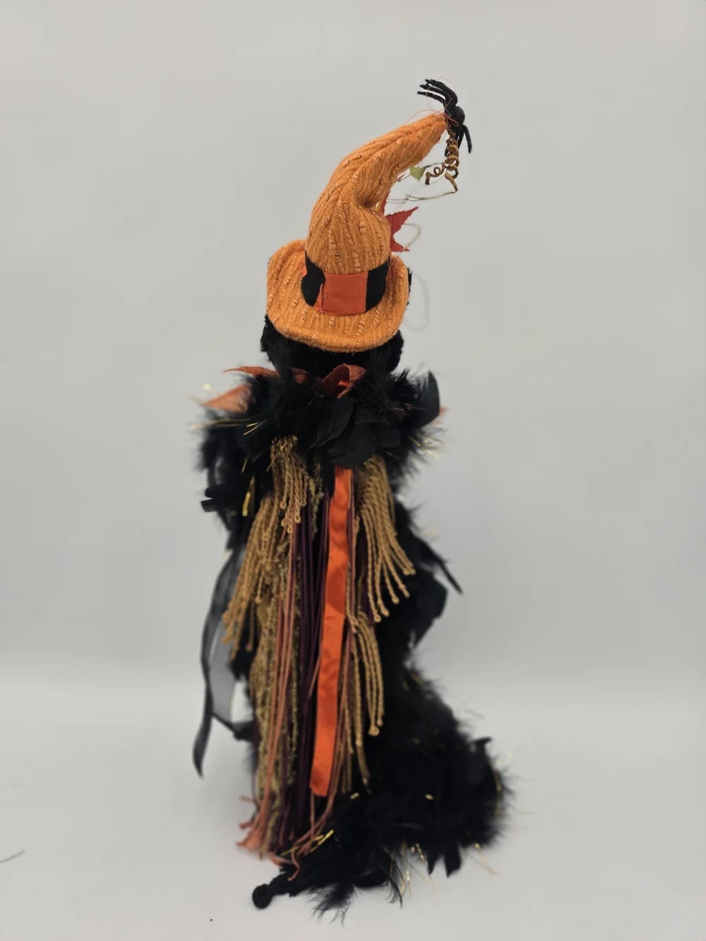 Halloween Black Feathery Cat Décor with Orange Hat